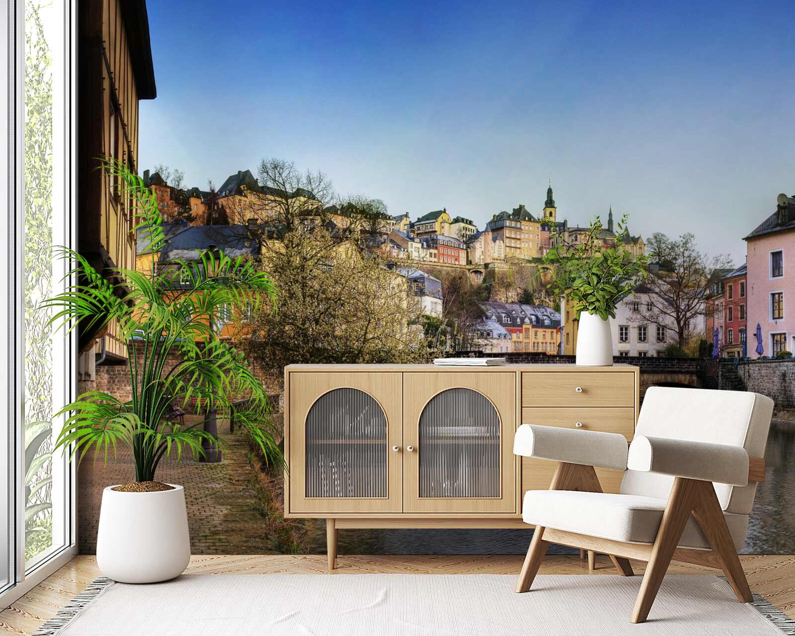 Фотошпалери міст через річку, що веде до старого міста