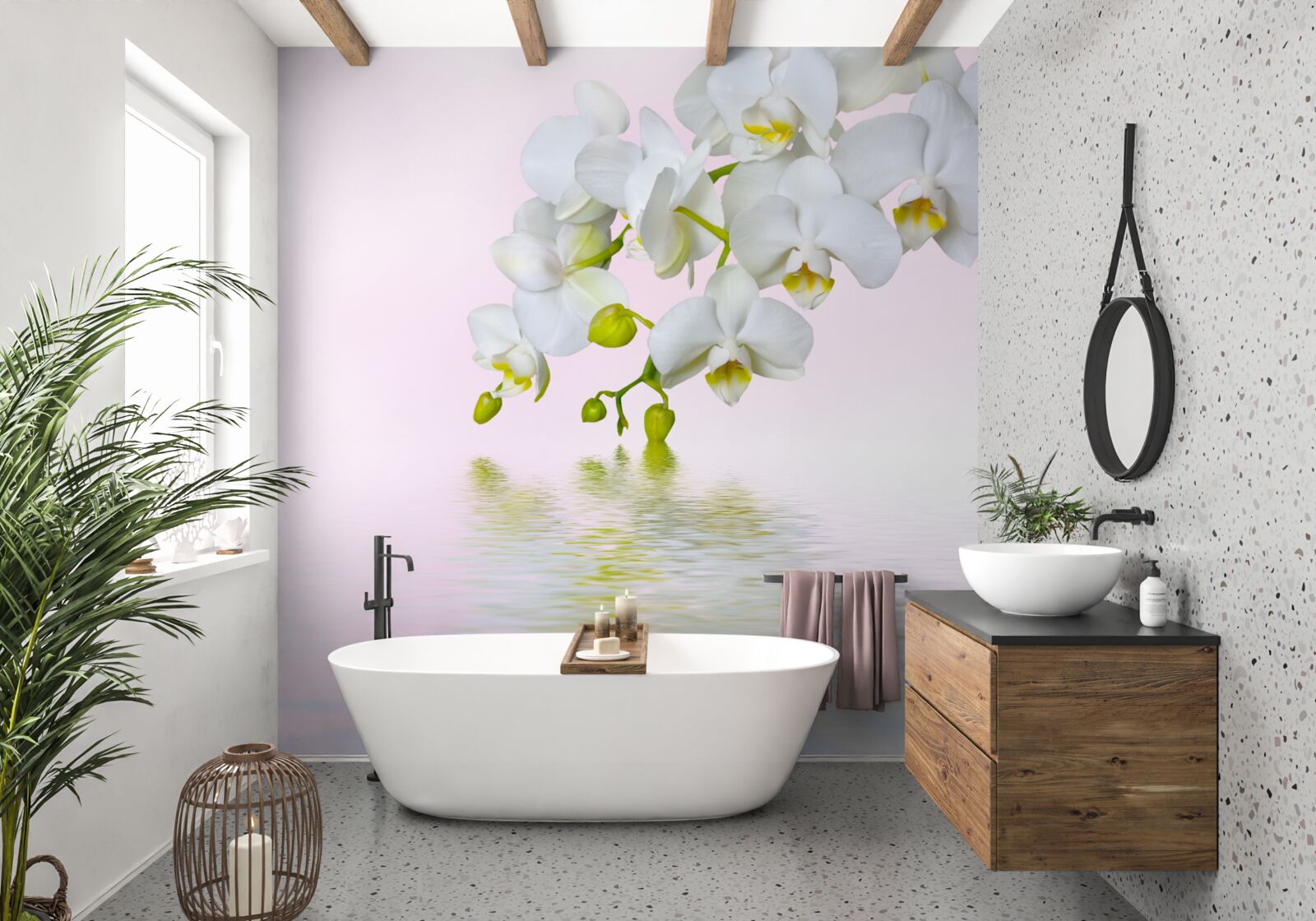 Фотошпалери біла орхідея з квітами та бутонами біля води