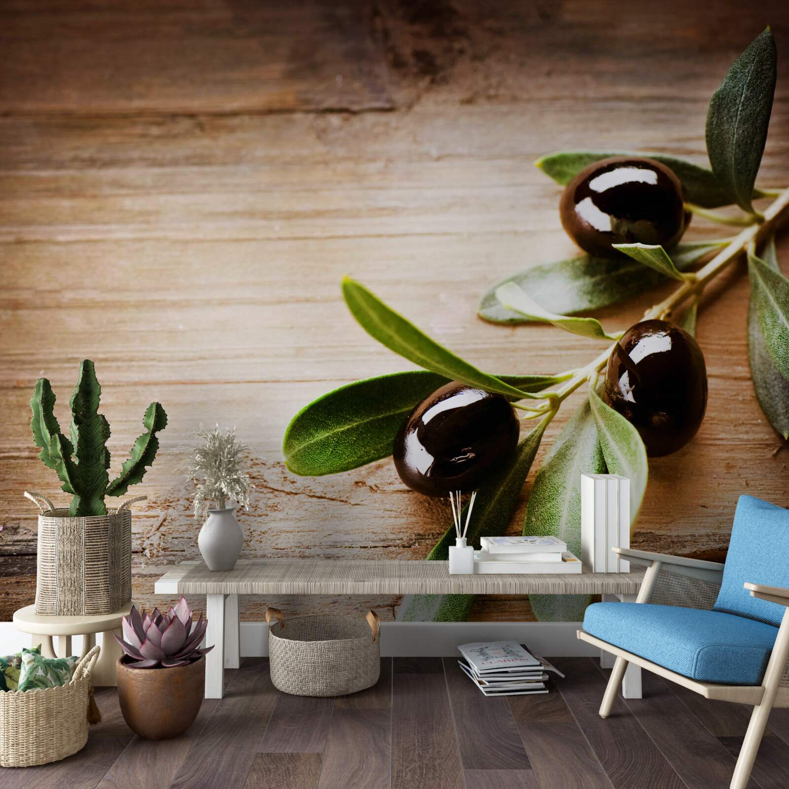 Фотошпалери гілки, прикрашені чорними оливками та зеленим листям