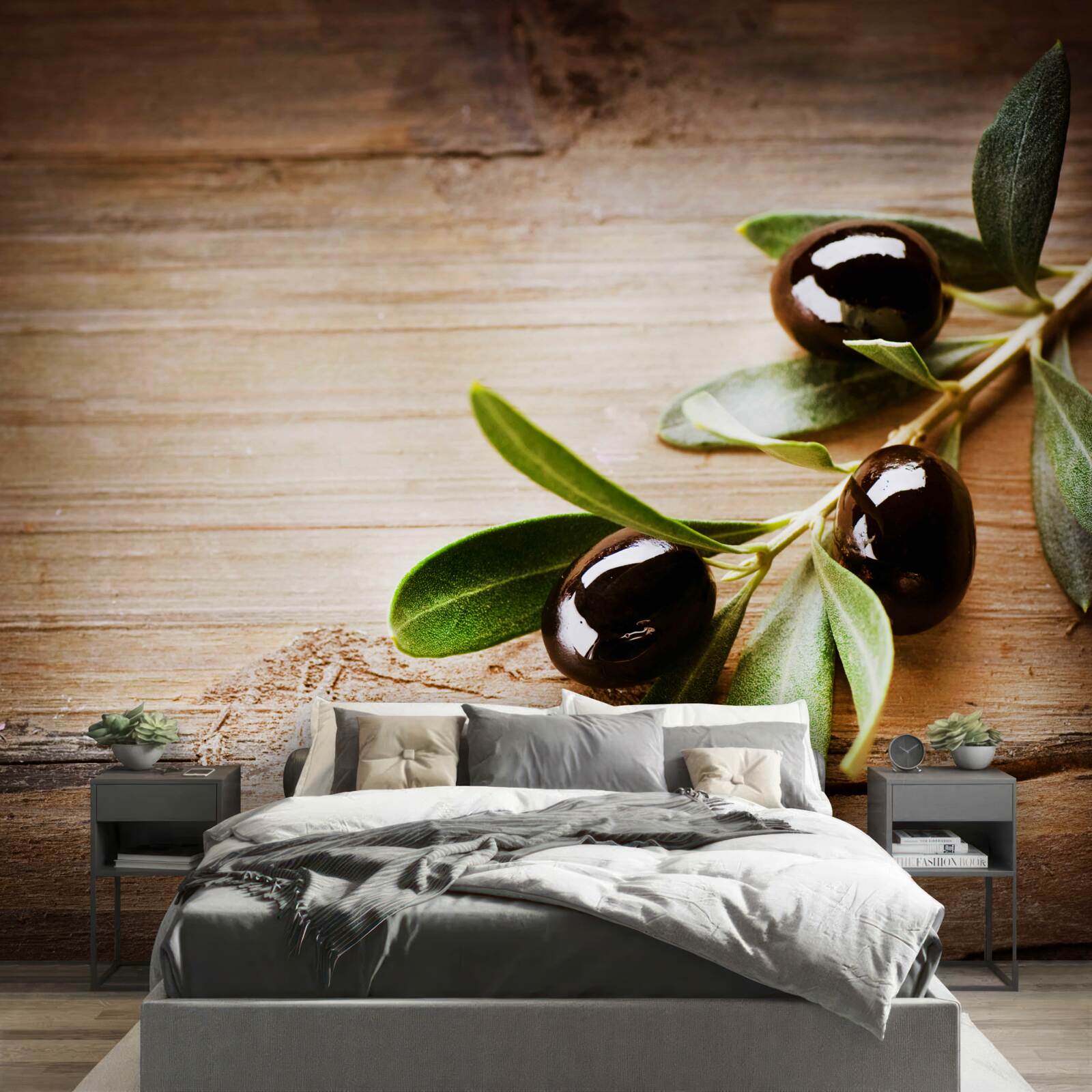 Фотошпалери гілки, прикрашені чорними оливками та зеленим листям