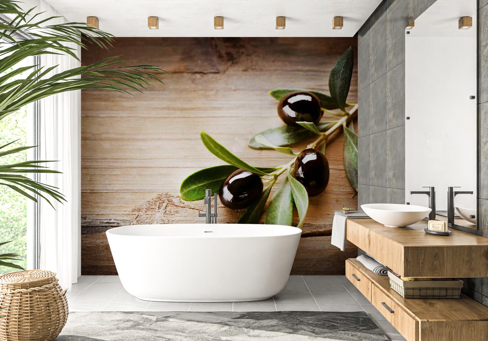 Фотошпалери гілки, прикрашені чорними оливками та зеленим листям