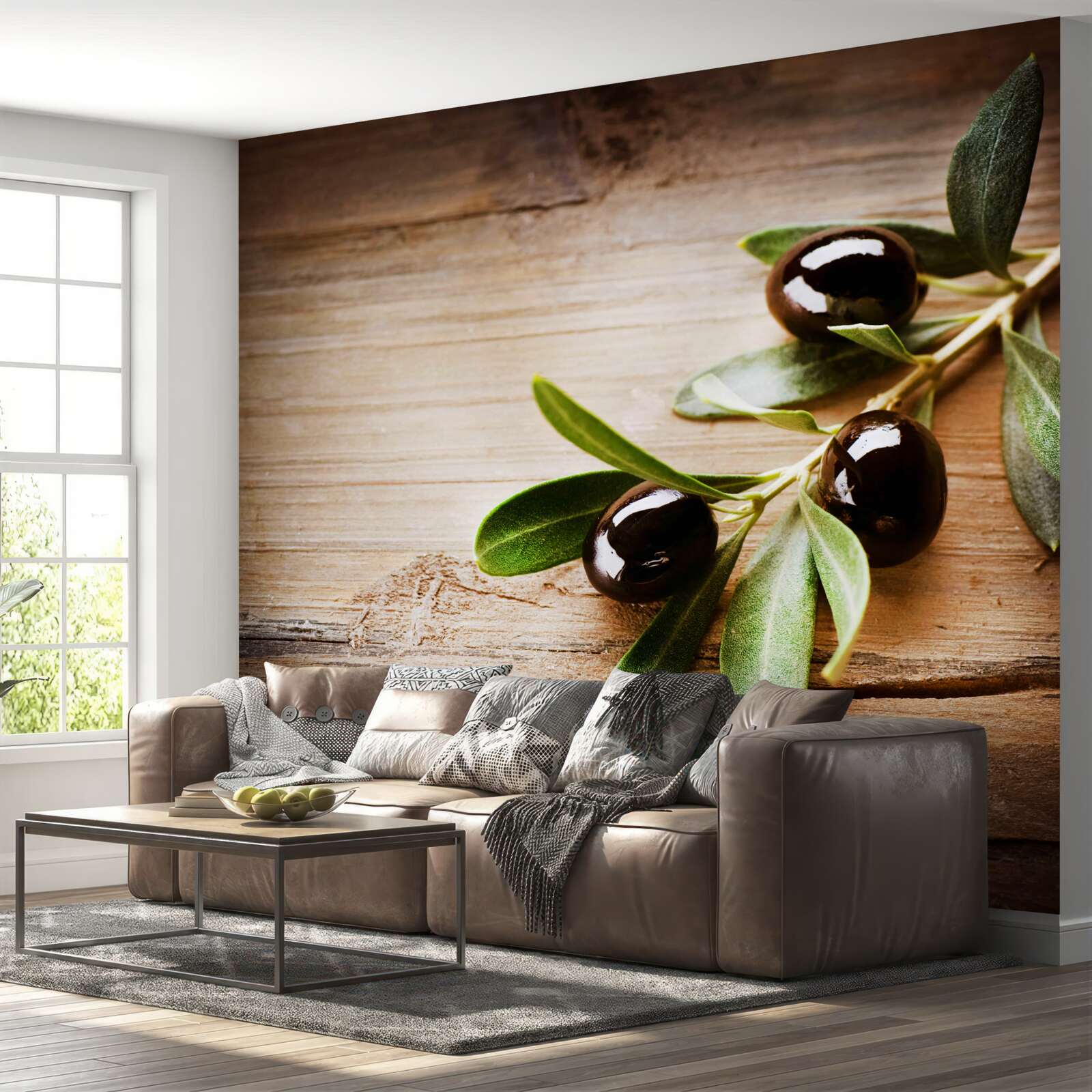 Фотошпалери гілки, прикрашені чорними оливками та зеленим листям
