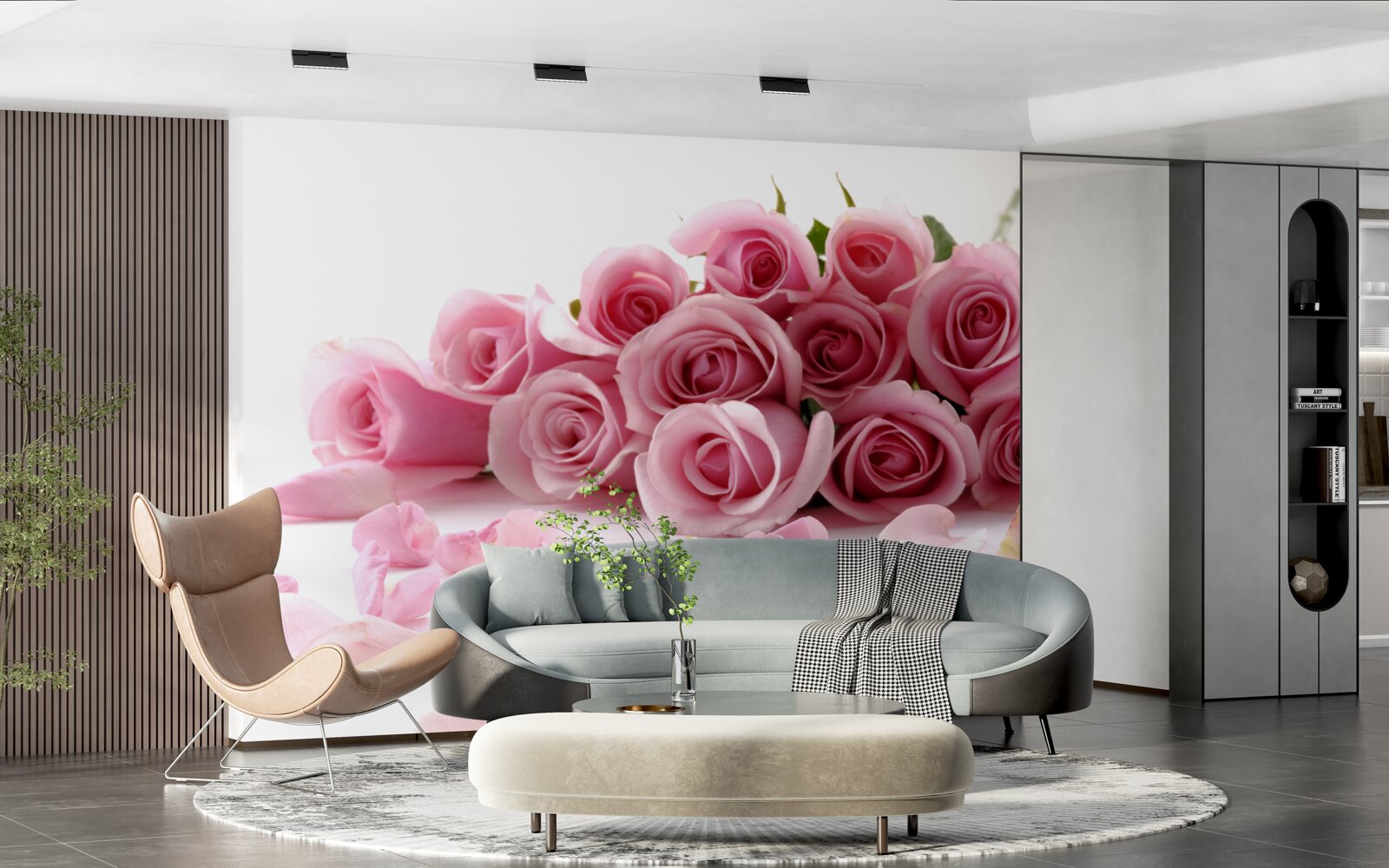 Фотошпалери ніжні рожеві троянди з пелюстками біля поверхні води