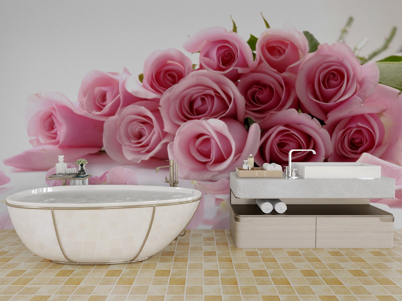 Фотошпалери ніжні рожеві троянди з пелюстками біля поверхні води