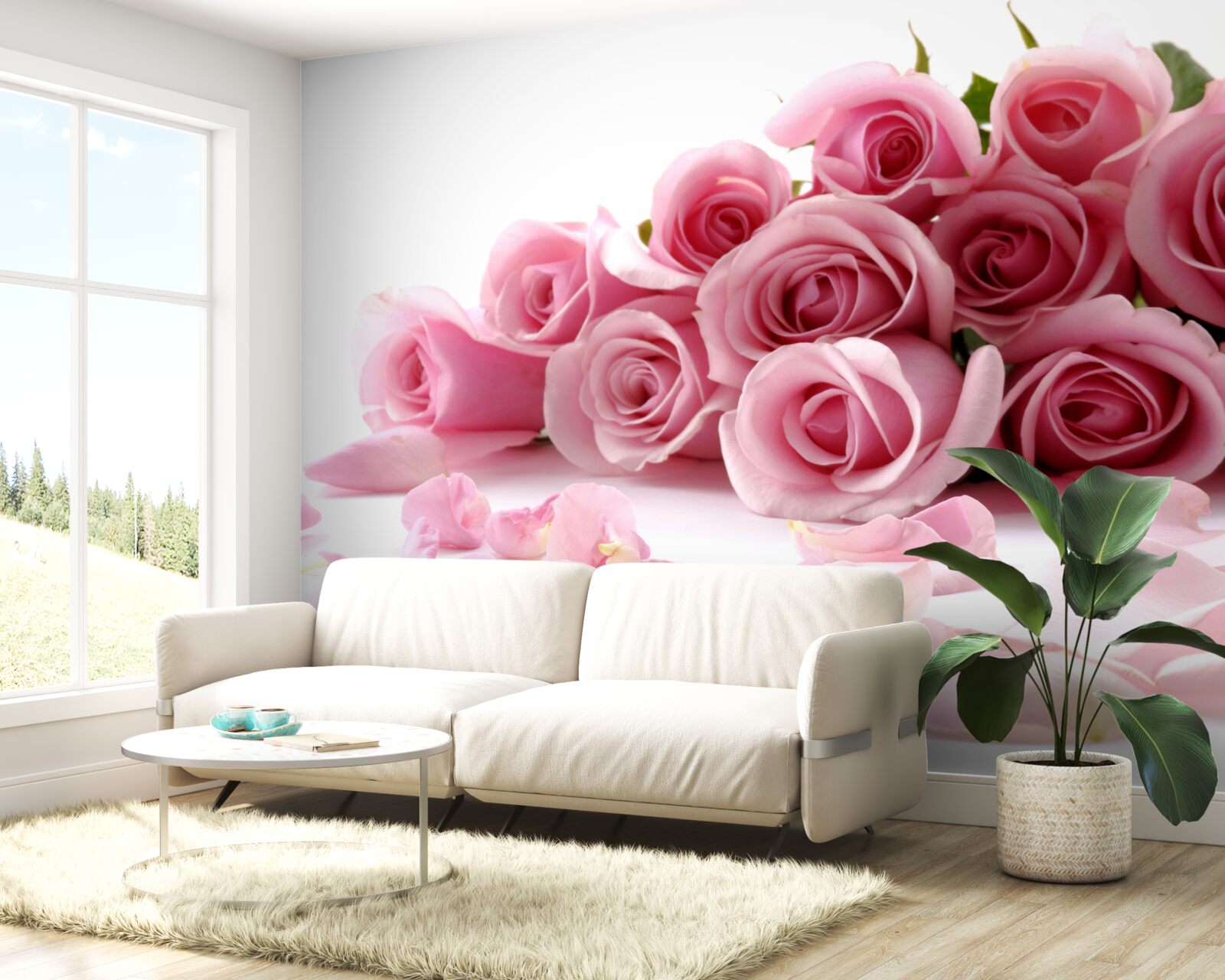 Фотошпалери ніжні рожеві троянди з пелюстками біля поверхні води