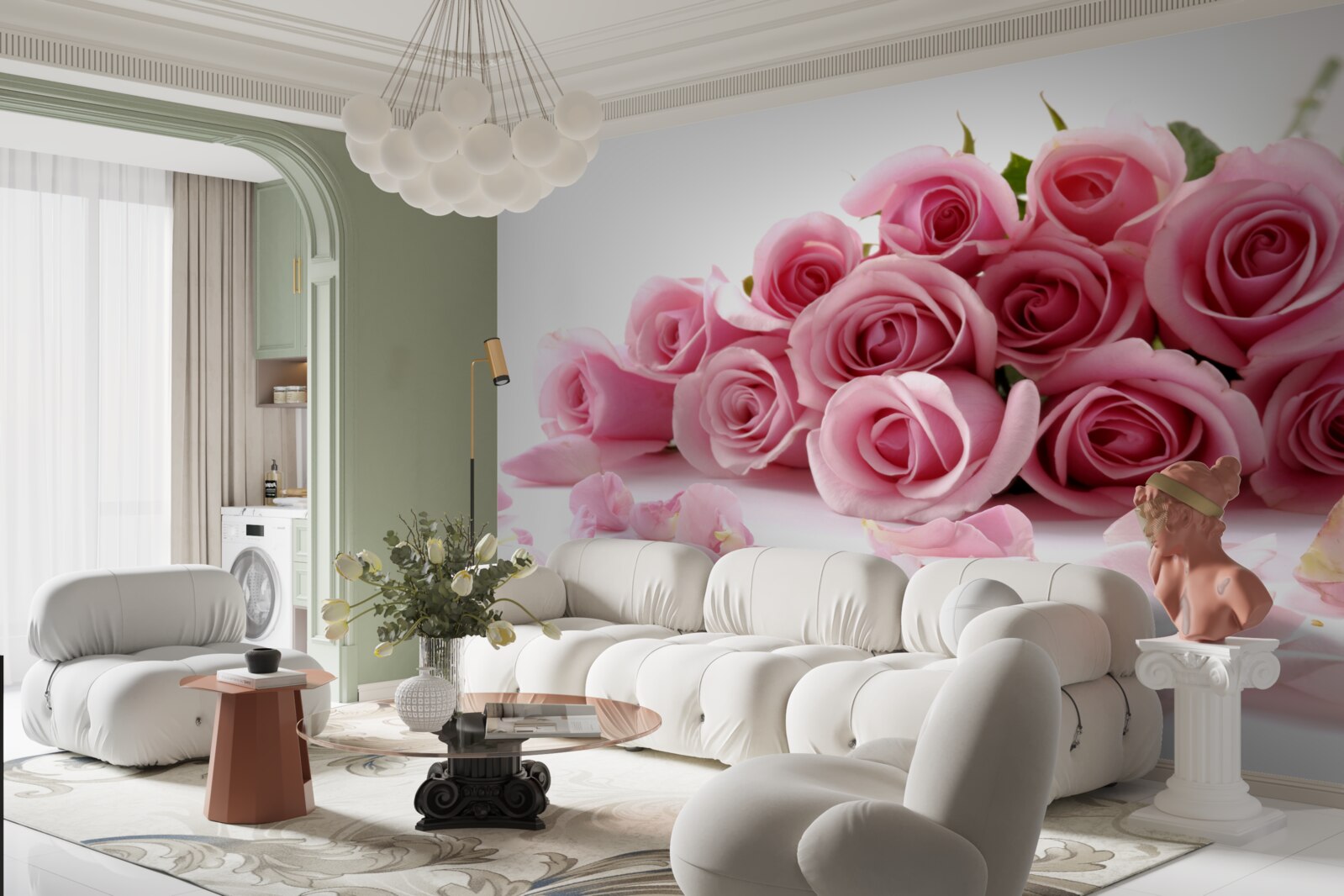 Фотошпалери ніжні рожеві троянди з пелюстками біля поверхні води