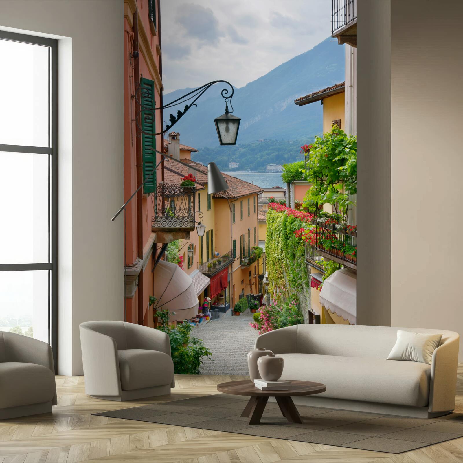 Фотошпалери вулиця, що веде до моря, прикрашена квітами та зеленню