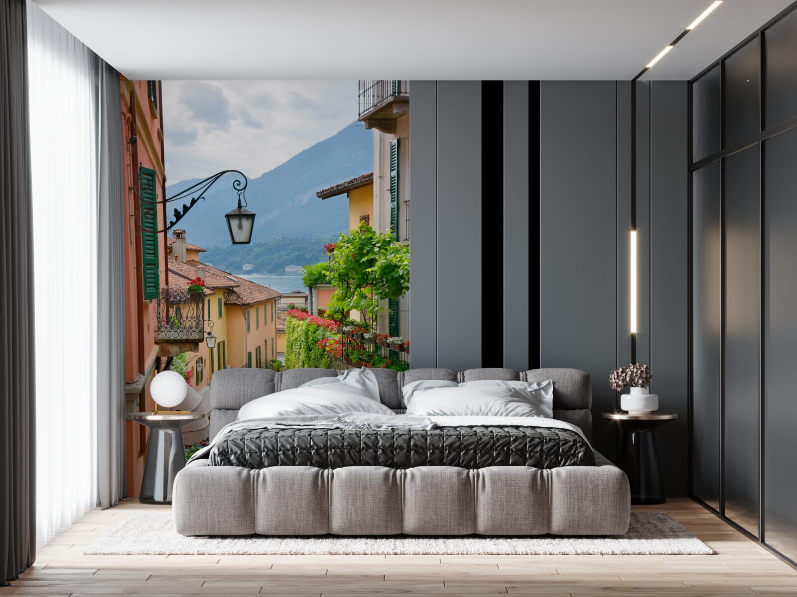 Фотошпалери вулиця, що веде до моря, прикрашена квітами та зеленню