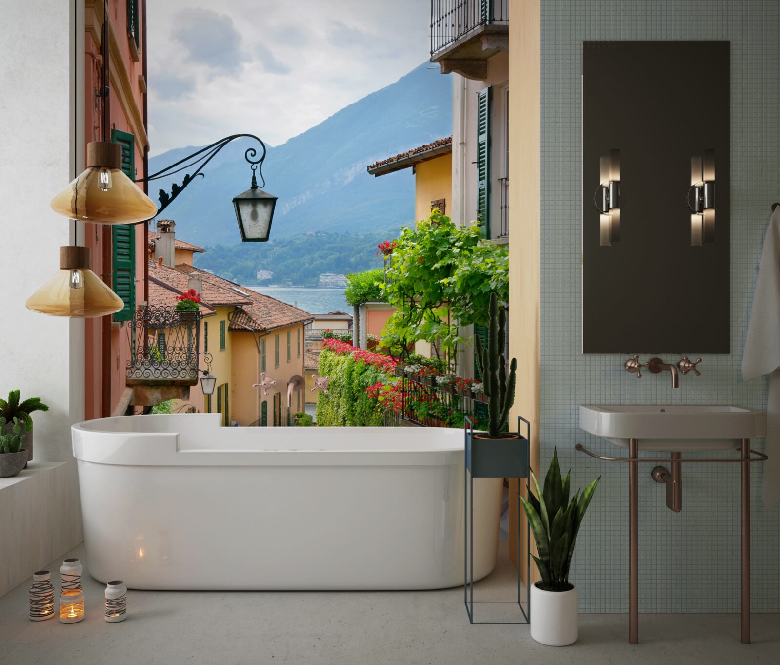 Фотошпалери вулиця, що веде до моря, прикрашена квітами та зеленню