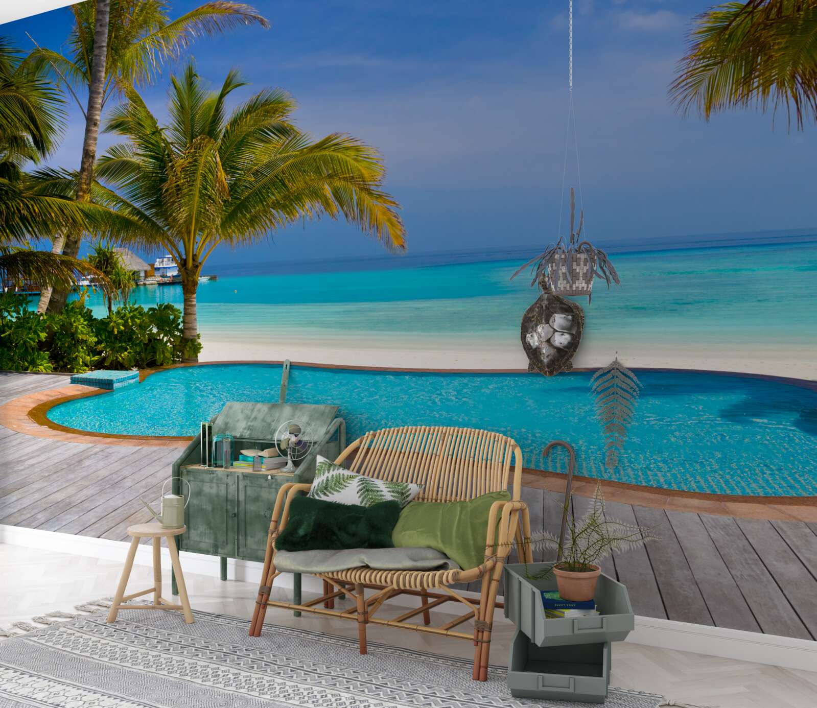 Фотошпалери басейн недалеко від берега, в оточенні пальм