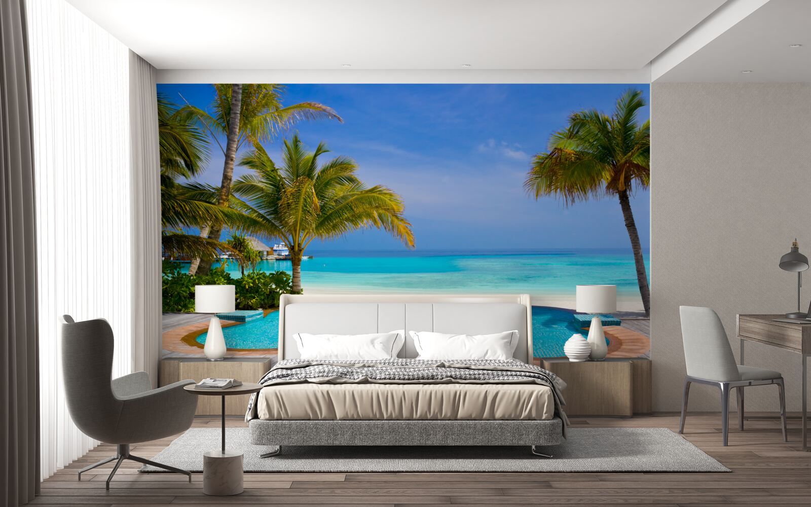 Фотошпалери басейн недалеко від берега, в оточенні пальм