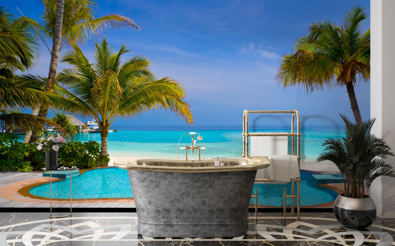 Фотошпалери басейн недалеко від берега, в оточенні пальм