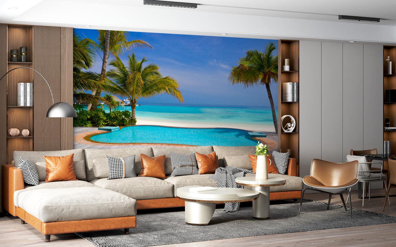 Фотошпалери басейн недалеко від берега, в оточенні пальм