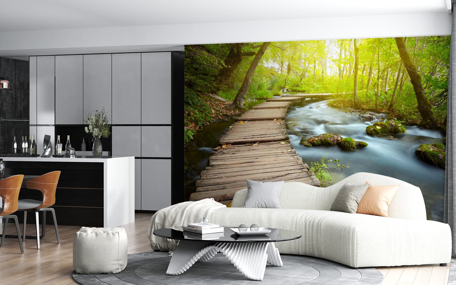 Фотошпалери дерев'яна доріжка біля річки в сонячному лісі