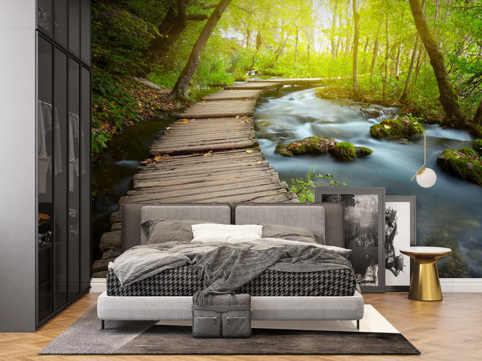 Фотошпалери дерев'яна доріжка біля річки в сонячному лісі