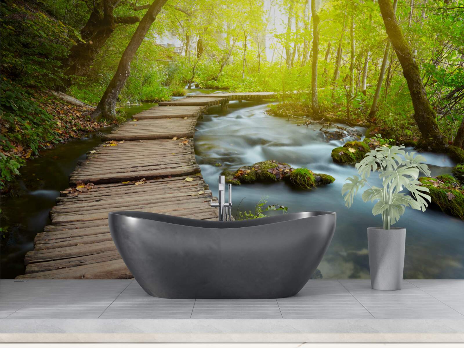 Фотошпалери дерев'яна доріжка біля річки в сонячному лісі