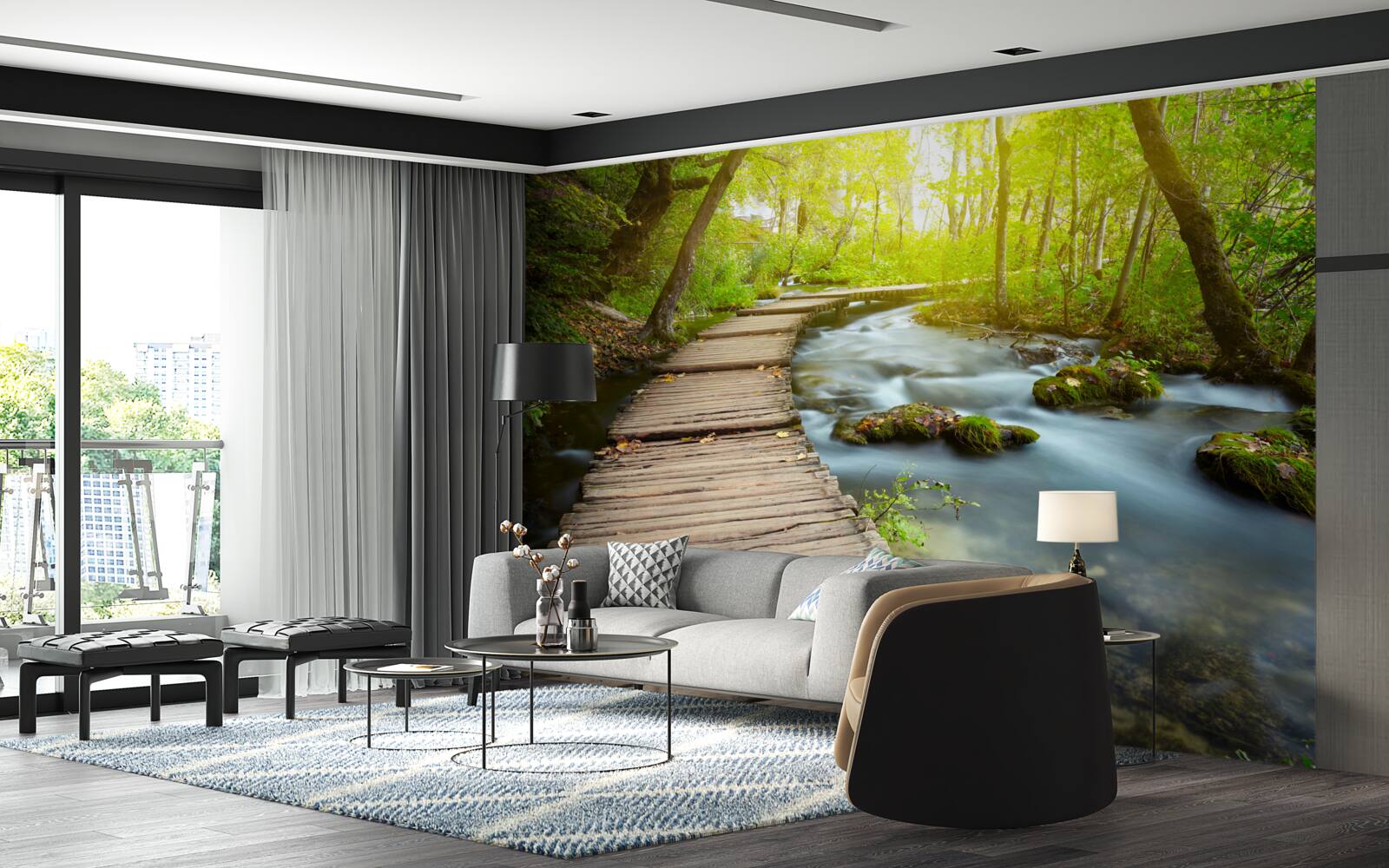 Фотошпалери дерев'яна доріжка біля річки в сонячному лісі