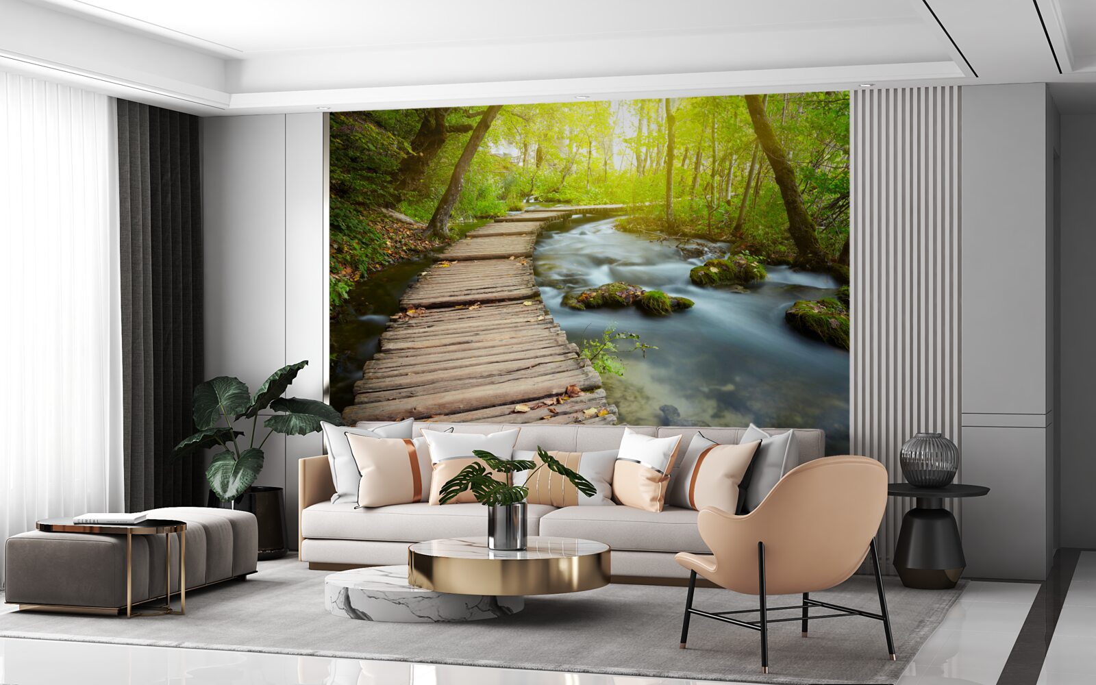 Фотошпалери дерев'яна доріжка біля річки в сонячному лісі