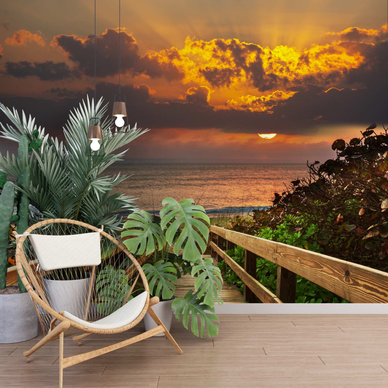 Фотошпалери сонце сідає за обрій на березі моря