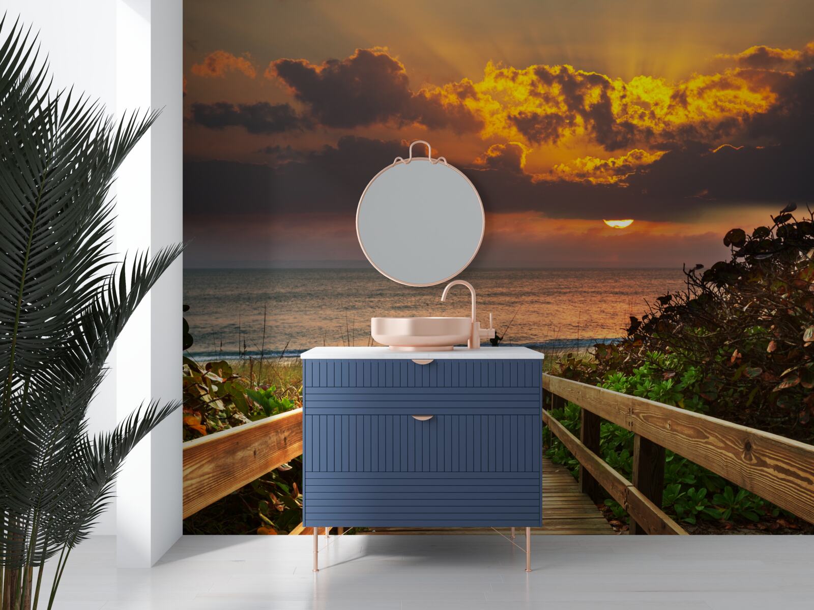 Фотошпалери сонце сідає за обрій на березі моря