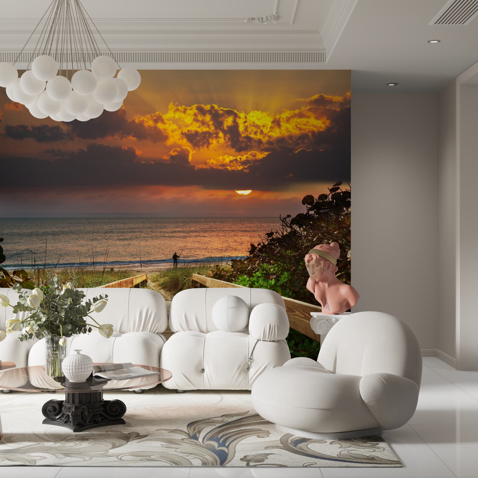 Фотошпалери сонце сідає за обрій на березі моря