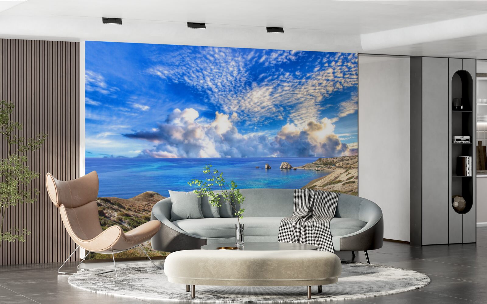 Фотошпалери перисті хмари на горизонті на межі між сушею та океаном