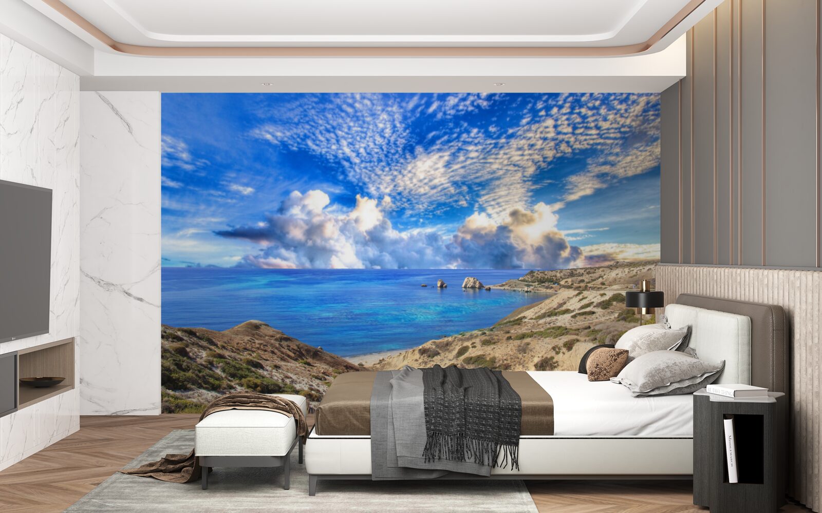 Фотошпалери перисті хмари на горизонті на межі між сушею та океаном