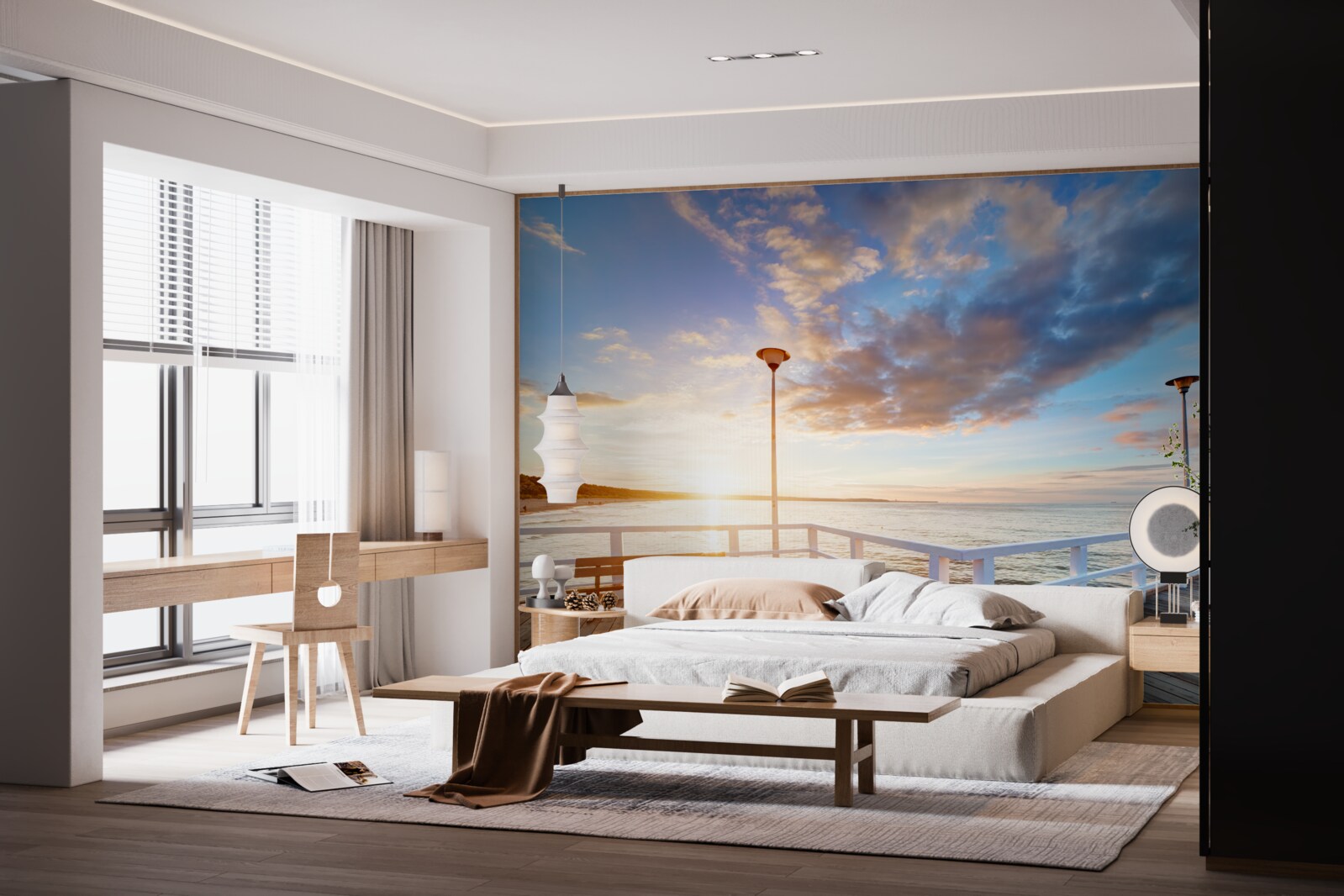 Фотошпалери покинутий дерев'яний пірс зустрічає сонце на заході