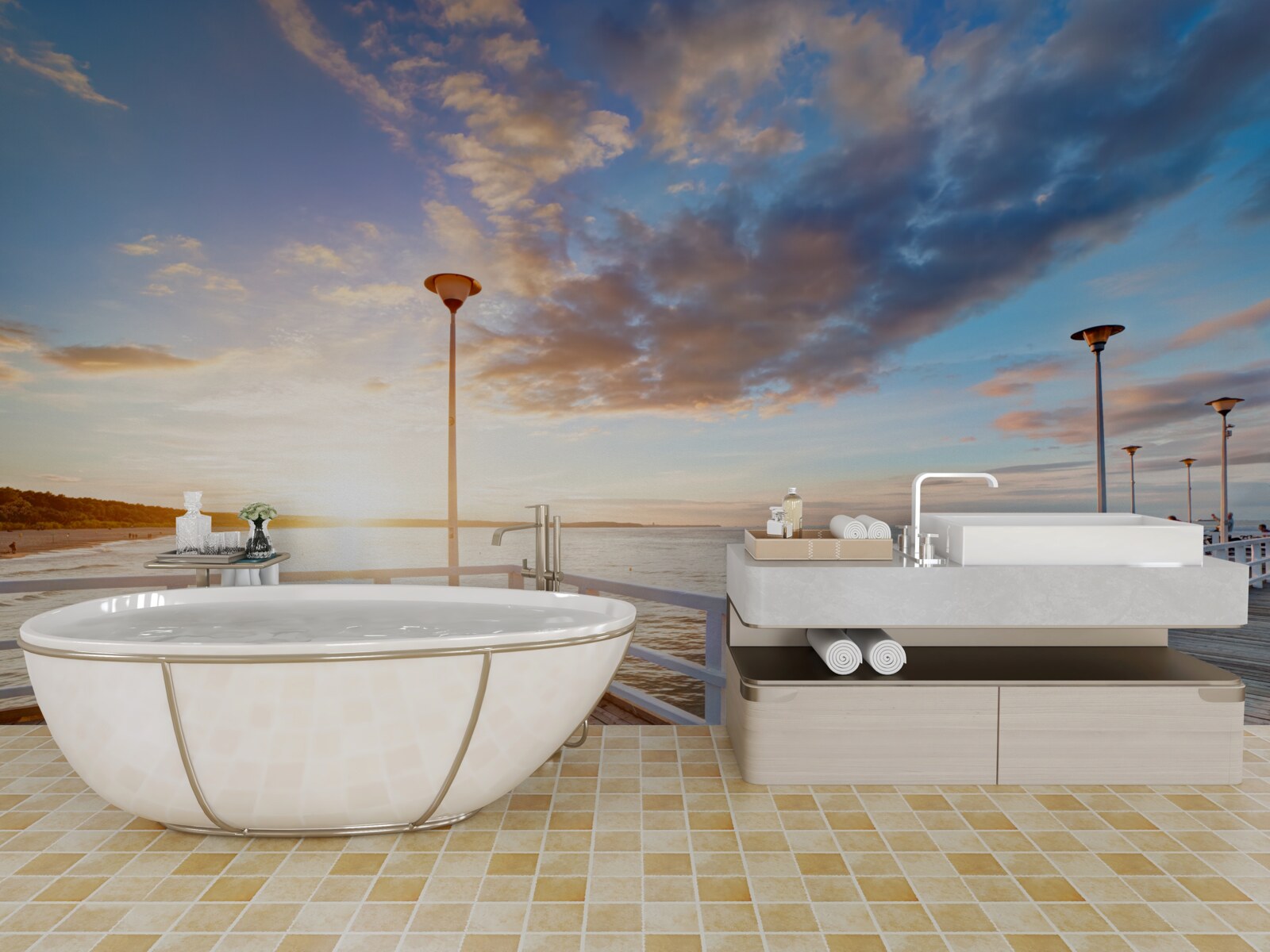 Фотошпалери покинутий дерев'яний пірс зустрічає сонце на заході