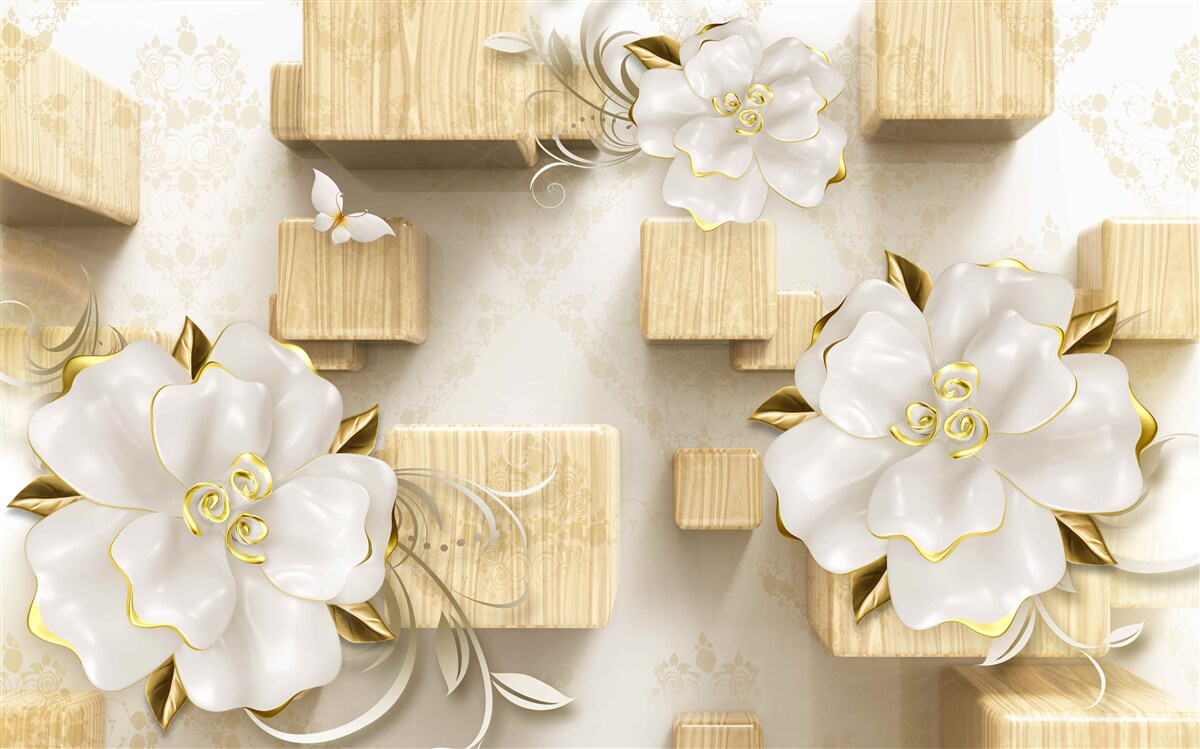Фотошпалери золоті акценти на білих квітах, розміщених на дерев'яних кубиках