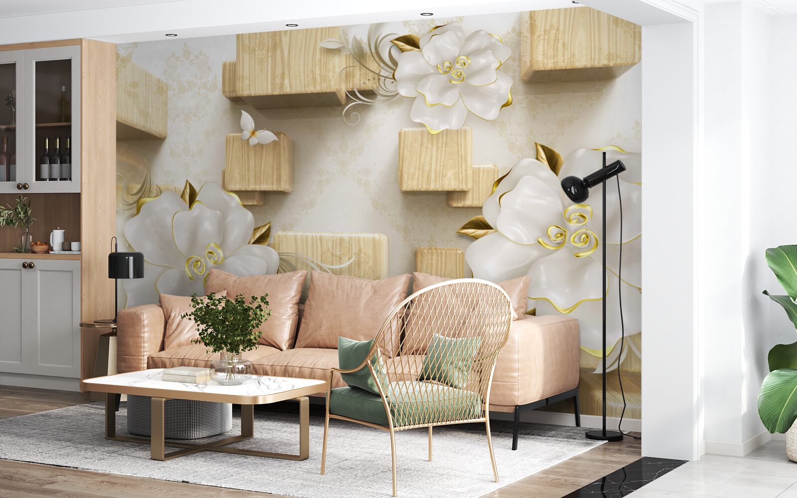 Фотошпалери золоті акценти на білих квітах, розміщених на дерев'яних кубиках