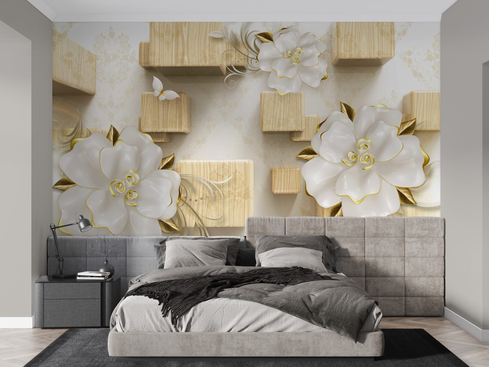 Фотошпалери золоті акценти на білих квітах, розміщених на дерев'яних кубиках