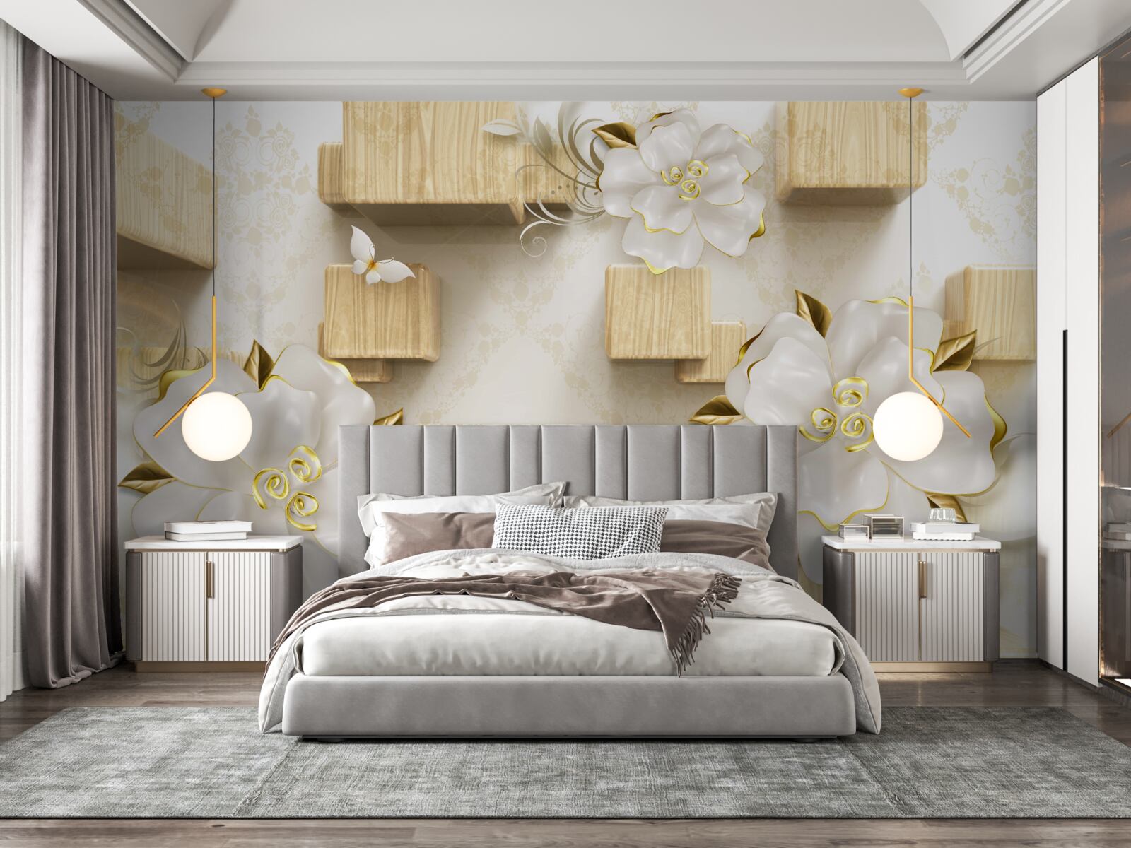 Фотошпалери золоті акценти на білих квітах, розміщених на дерев'яних кубиках