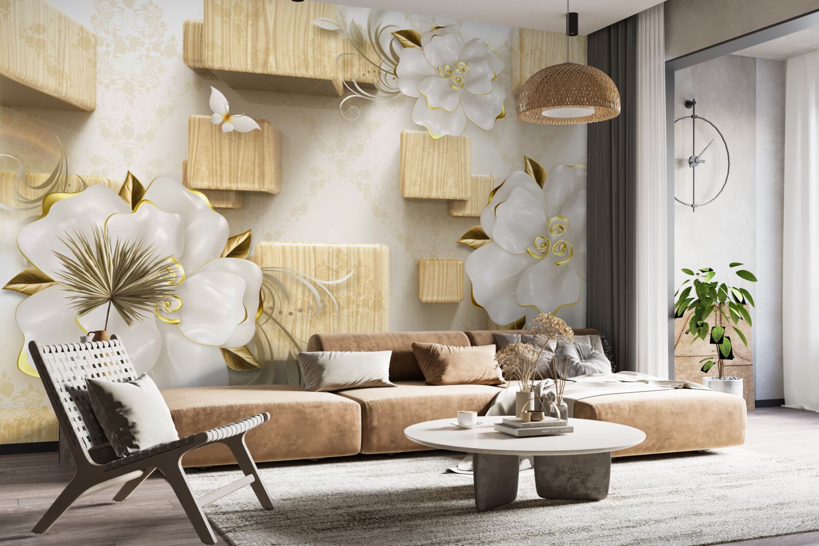 Фотошпалери золоті акценти на білих квітах, розміщених на дерев'яних кубиках