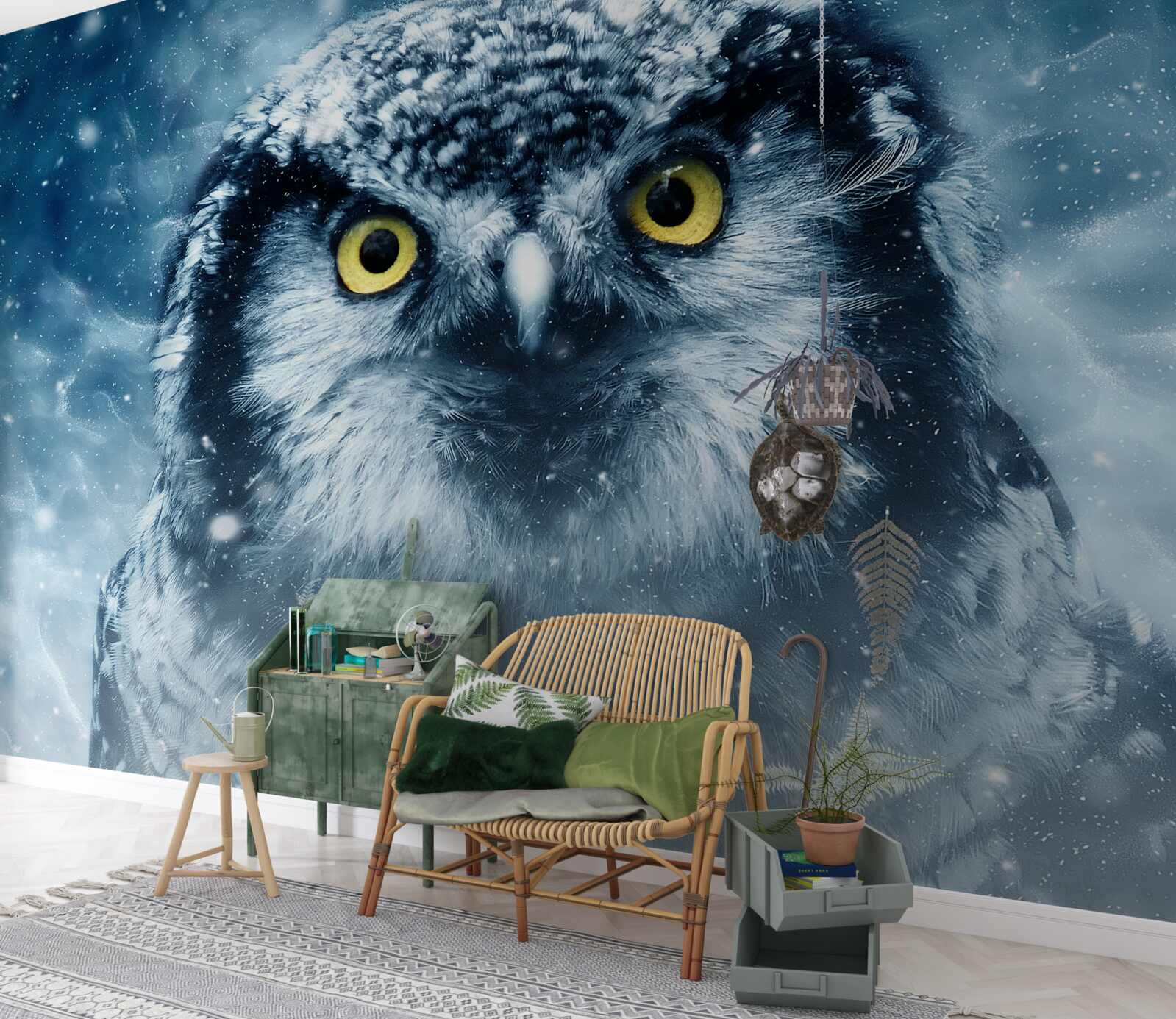 Фотошпалери взимку велика сова з золотими очима