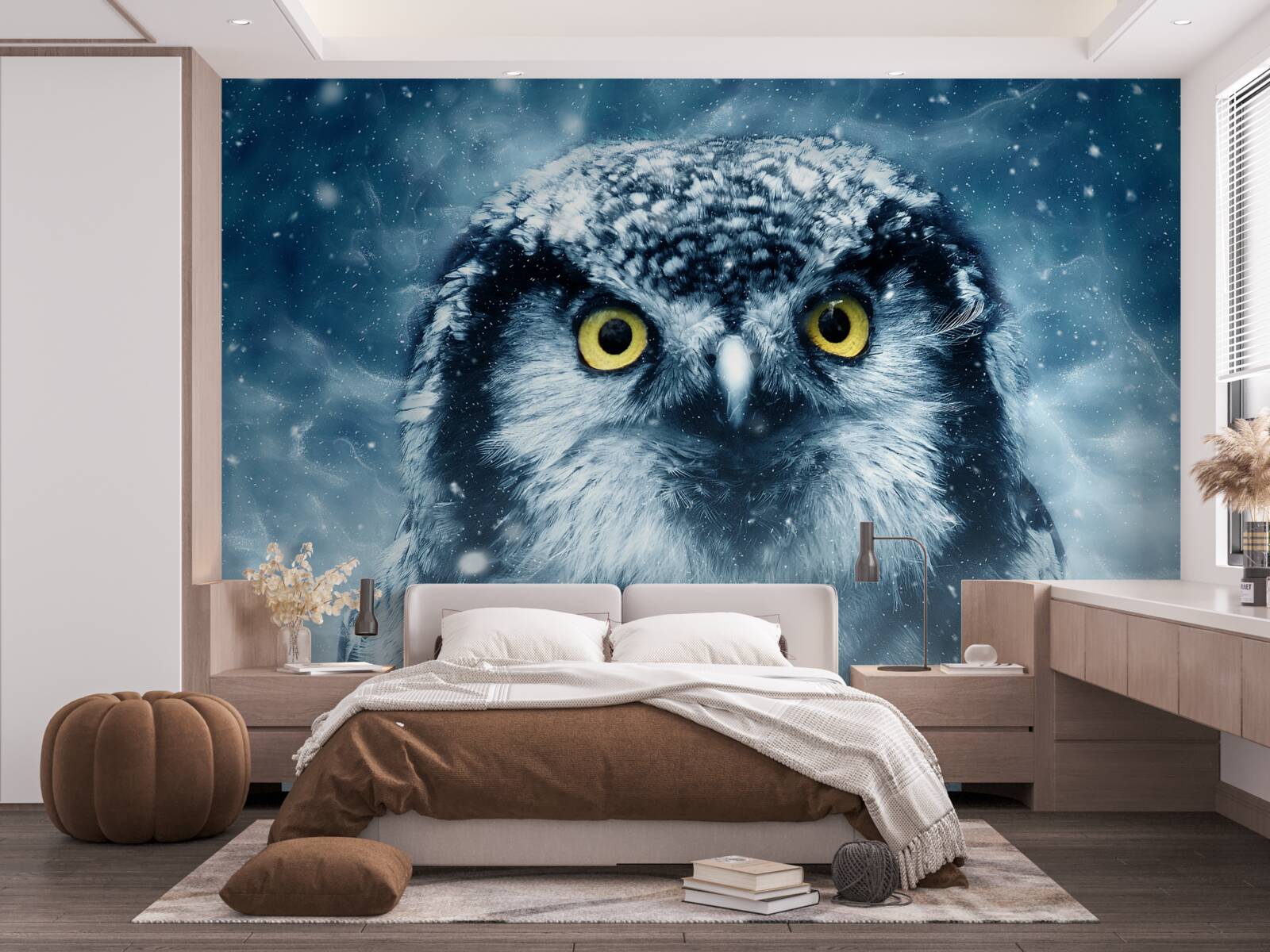 Фотошпалери взимку велика сова з золотими очима