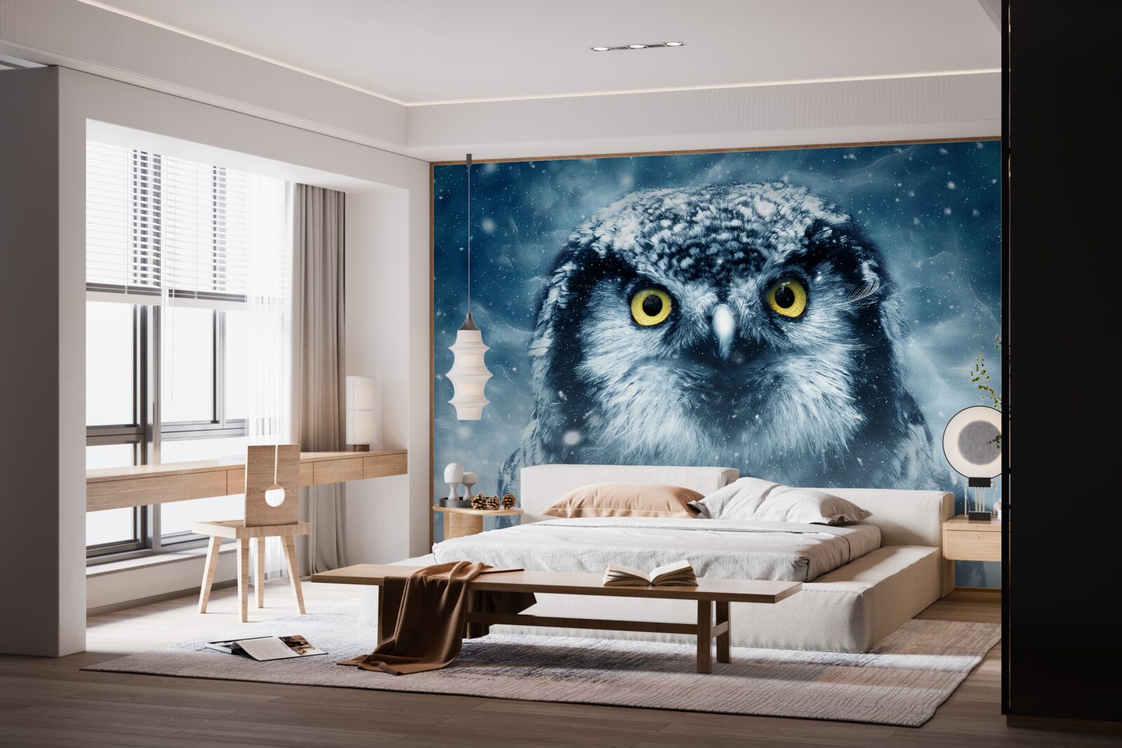 Фотошпалери взимку велика сова з золотими очима