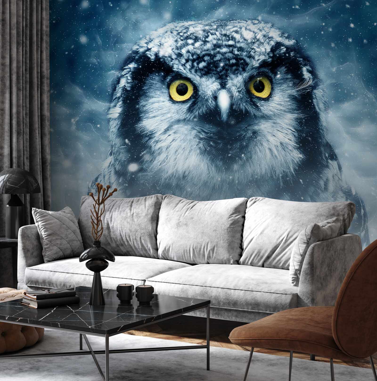 Фотошпалери взимку велика сова з золотими очима