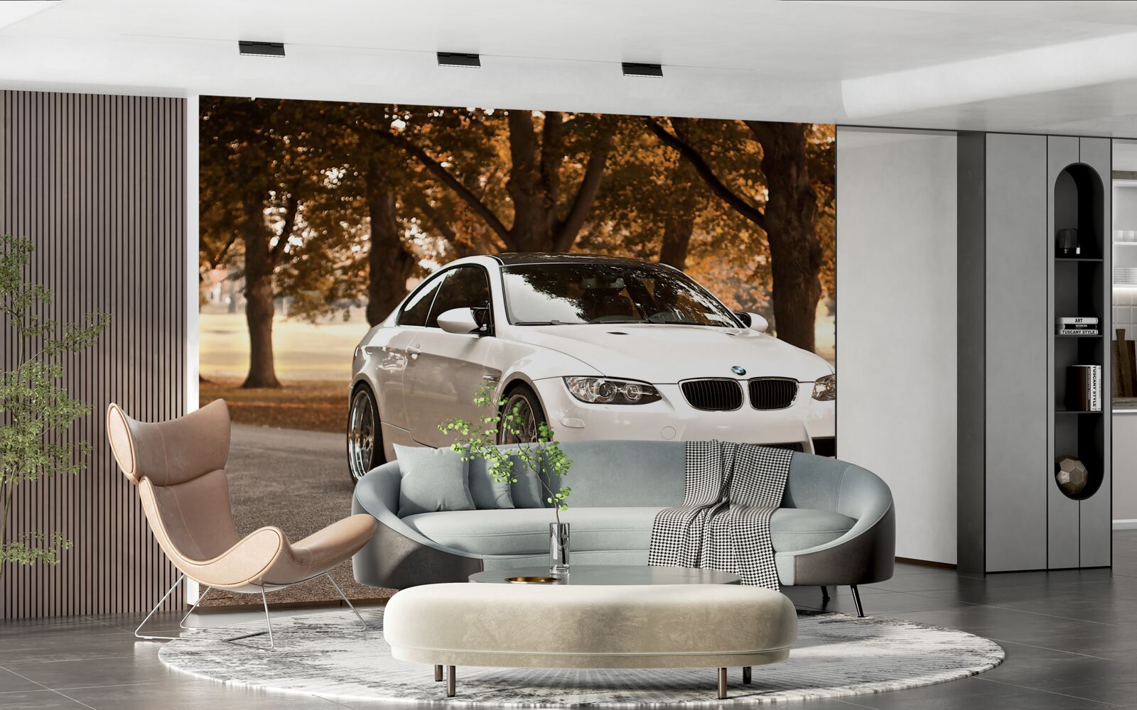 Фотошпалери восени по дорозі їде білий bmw