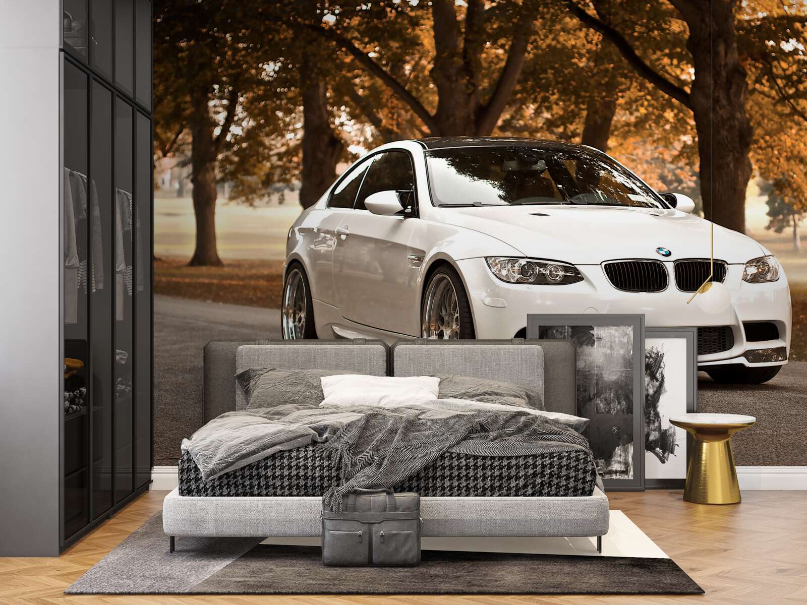 Фотошпалери восени по дорозі їде білий bmw