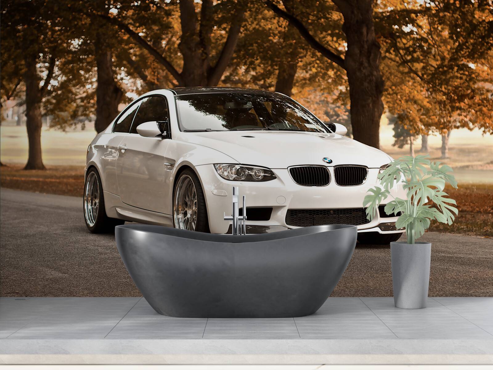 Фотошпалери восени по дорозі їде білий bmw