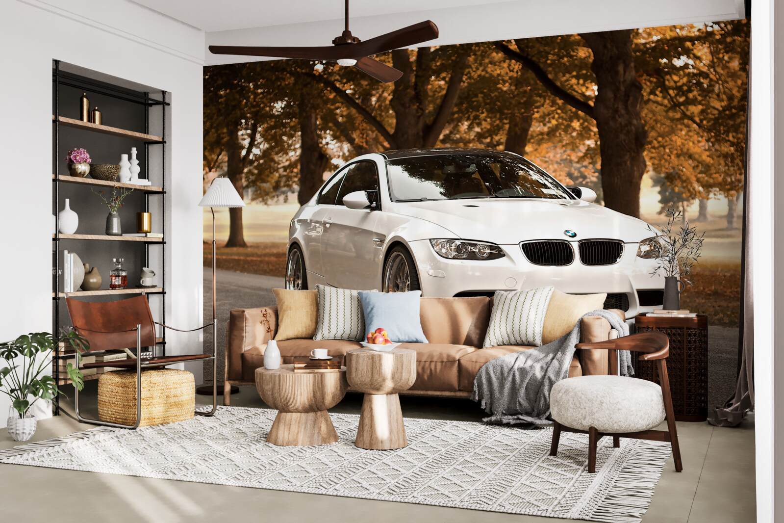 Фотошпалери восени по дорозі їде білий bmw