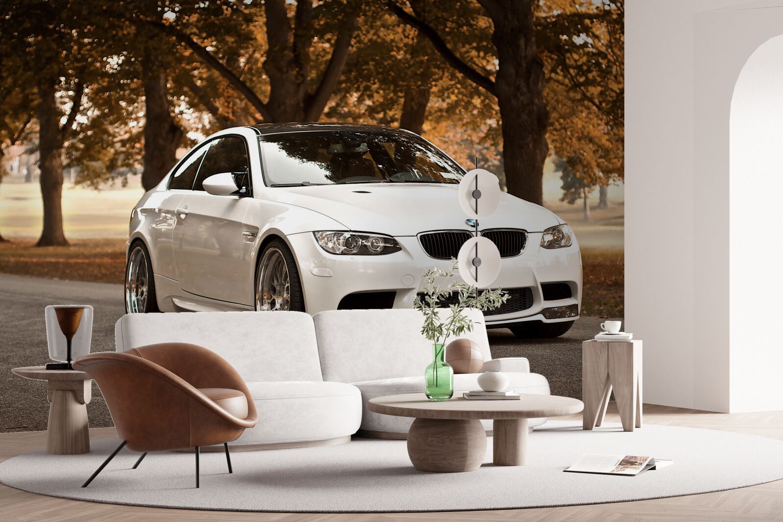 Фотошпалери восени по дорозі їде білий bmw