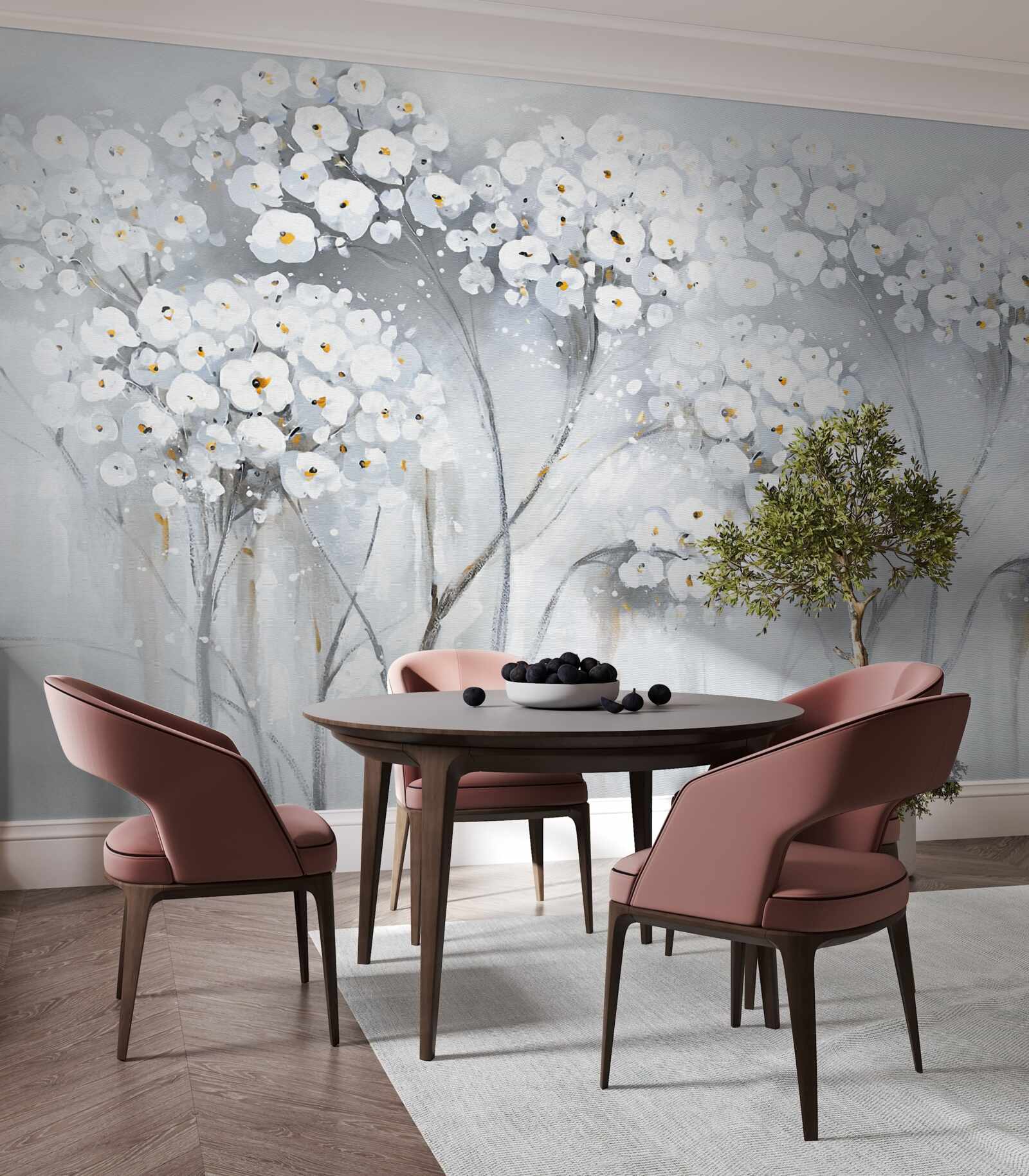 Фотошпалери стрункі дерева зі світлим квітучим листям