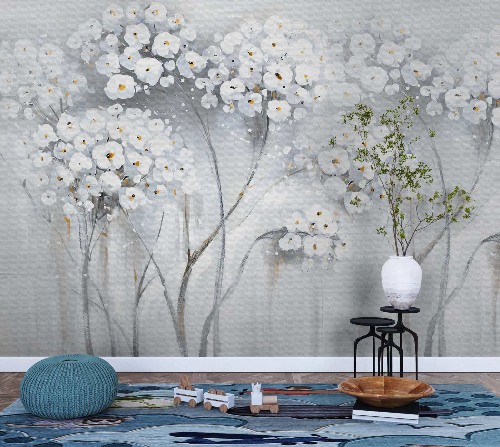 Фотошпалери стрункі дерева зі світлим квітучим листям