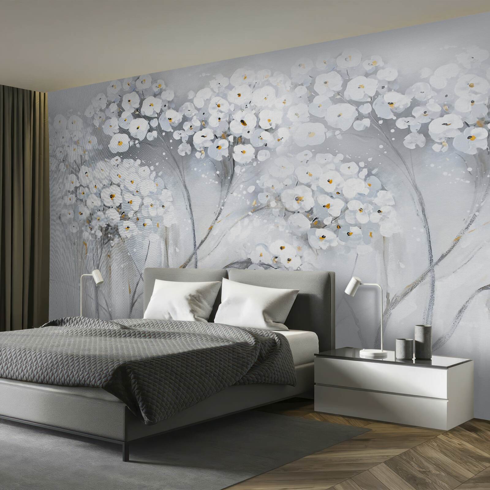 Фотошпалери стрункі дерева зі світлим квітучим листям