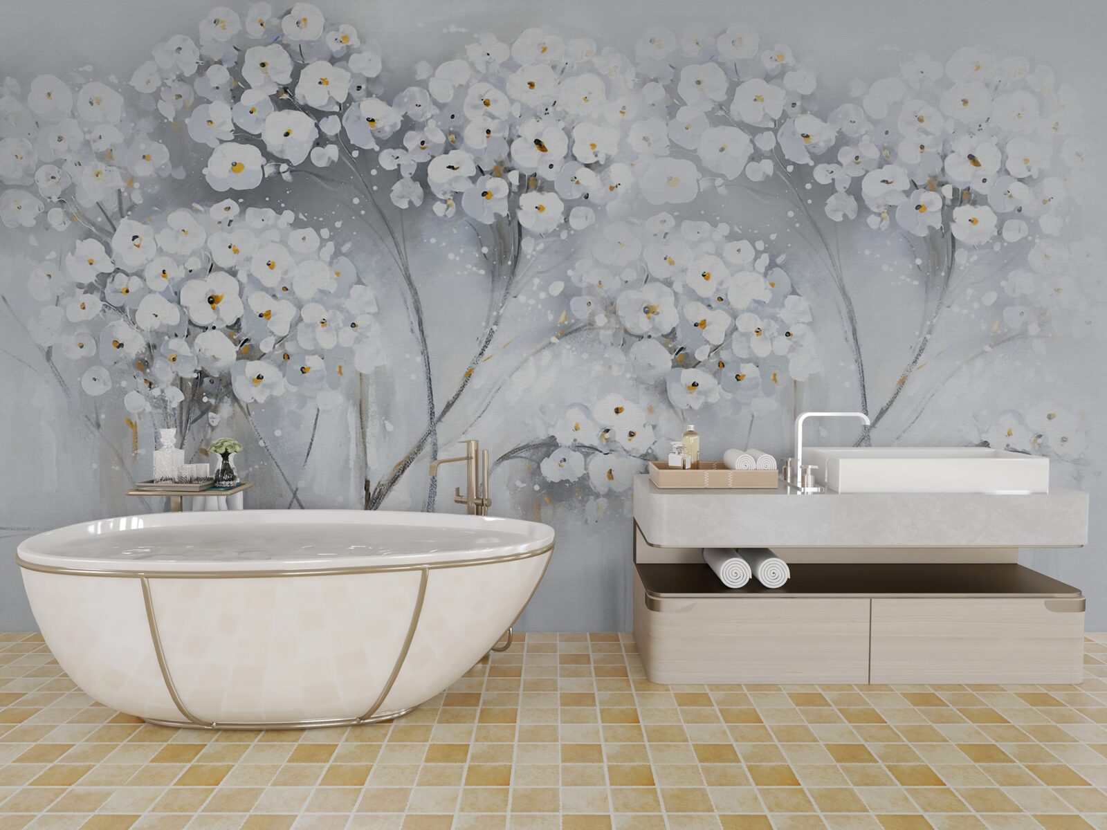 Фотошпалери стрункі дерева зі світлим квітучим листям