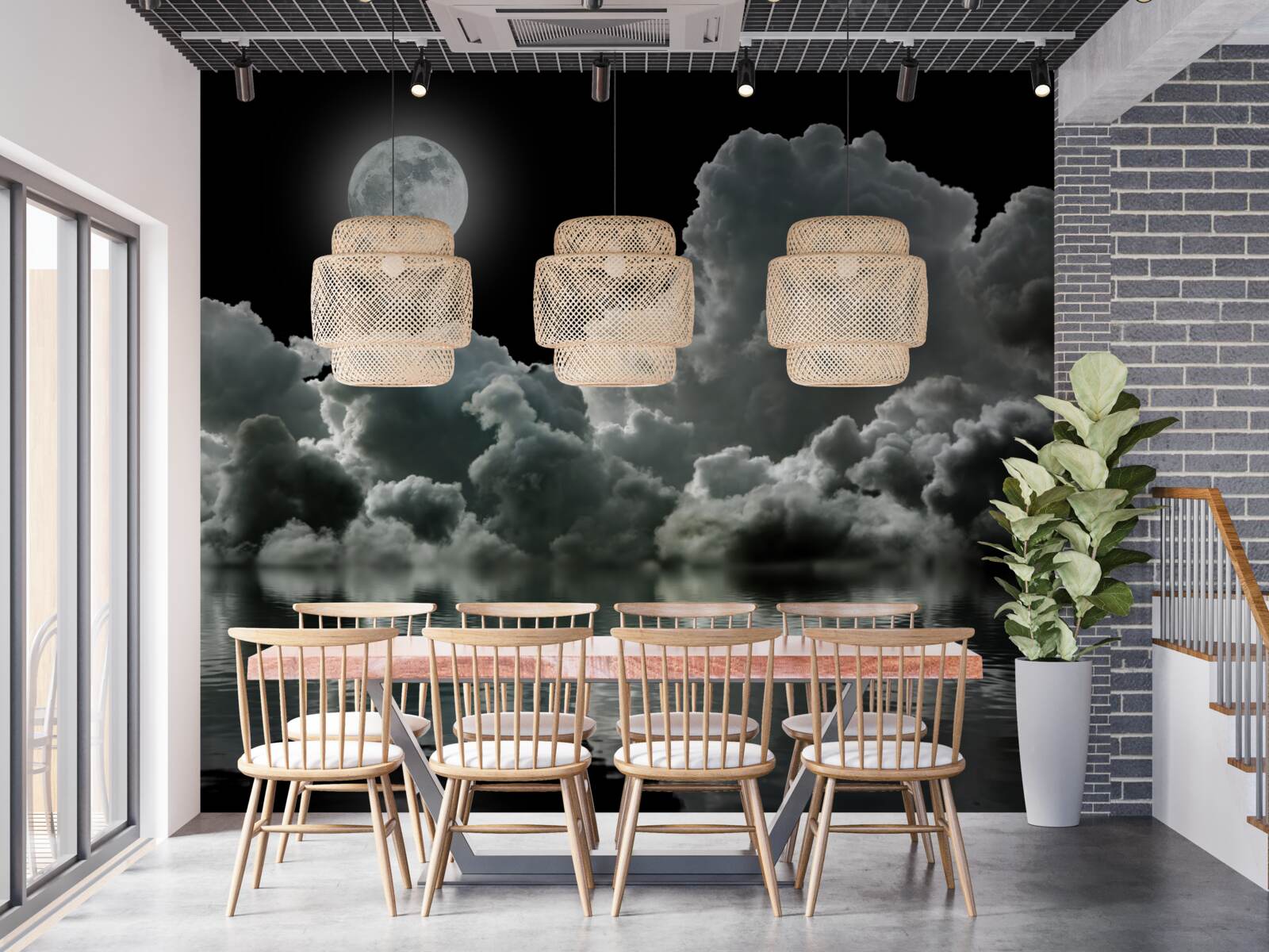 Фотошпалери місяць у повному сяйві відбивається у воді серед хмар