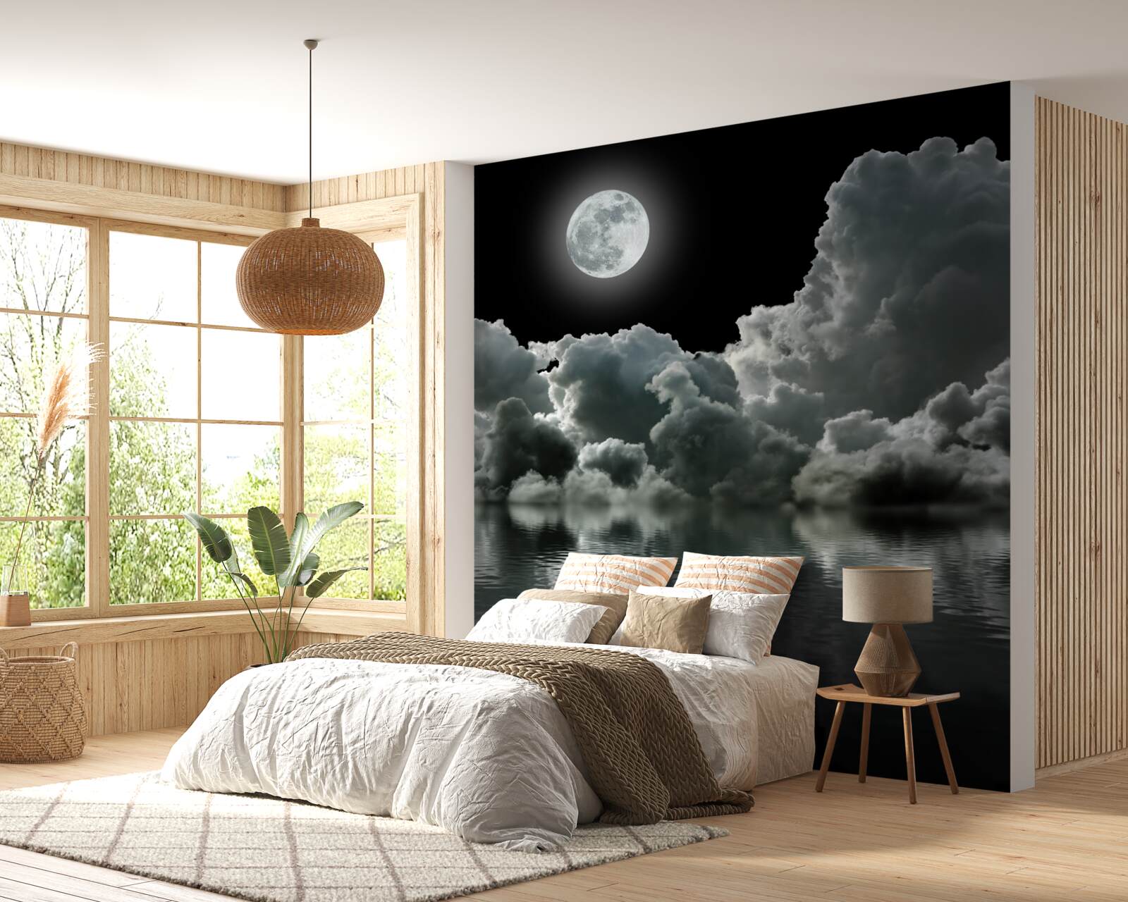 Фотошпалери місяць у повному сяйві відбивається у воді серед хмар