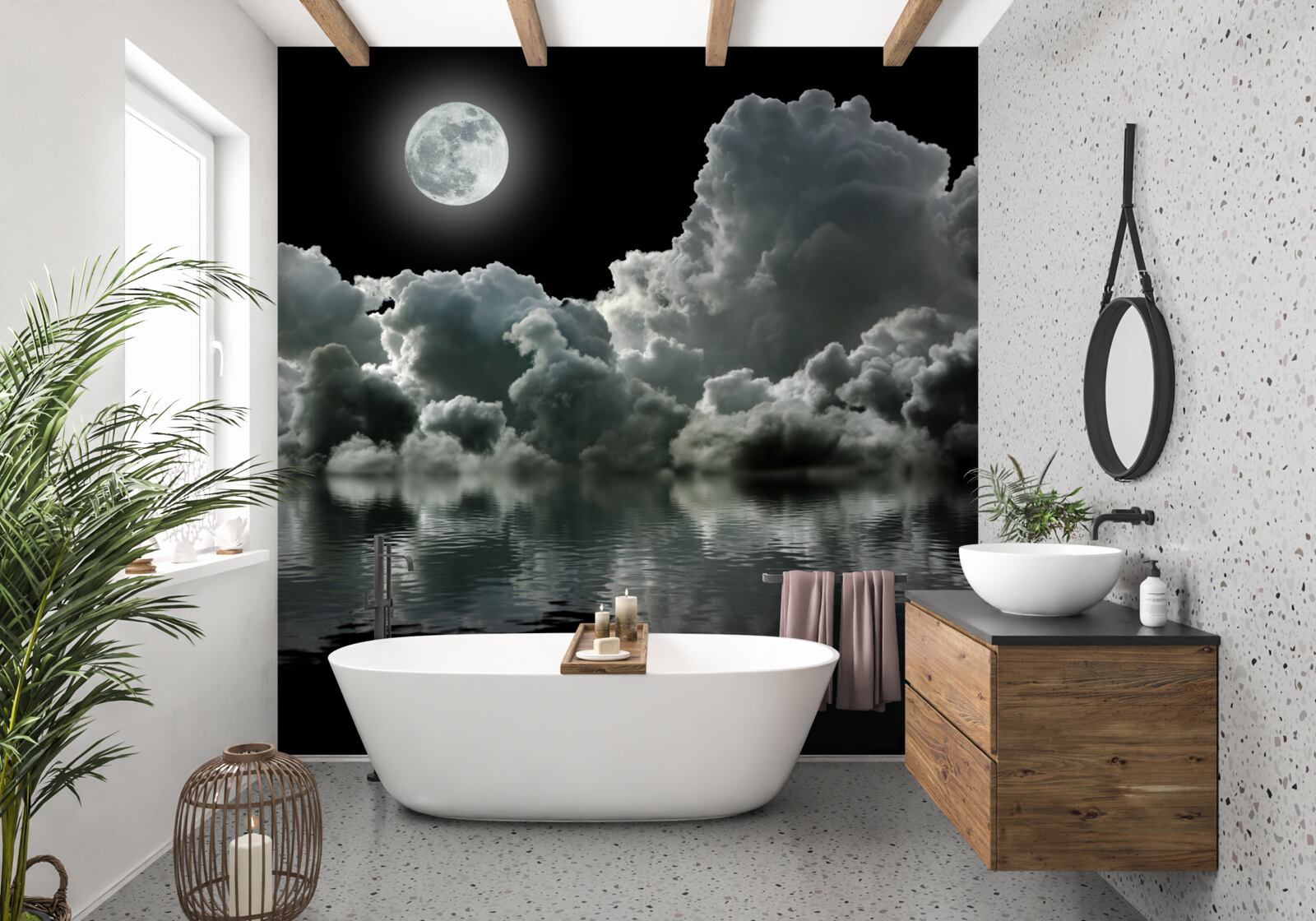 Фотошпалери місяць у повному сяйві відбивається у воді серед хмар